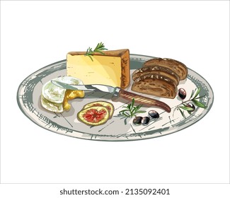 different types of cheese, sliced, knife, bread, croutons on a tray, olives,