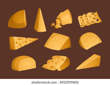 Different types of cheeses on a brown background. Vector illustration. Colorful and bright set in realistic style. Gouda, parmesan, cheddar and other hard cheeses. Ideal for posters and banner, menu
