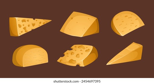 Different types of cheeses on a brown background. Vector illustration. Colorful and bright set in realistic style. Gouda, parmesan, cheddar and other hard cheeses. Slices and rat of cheese. Ideal for