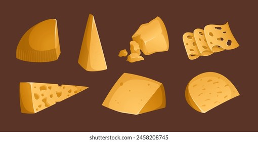 Verschiedene Käsesorten auf braunem Grund. Vektorillustration. Buntes und helles Set in realistischem Stil. Gouda, Parmesan, Cheddar und andere Hartkäse. Scheiben und Ratten Käse. Ideal für