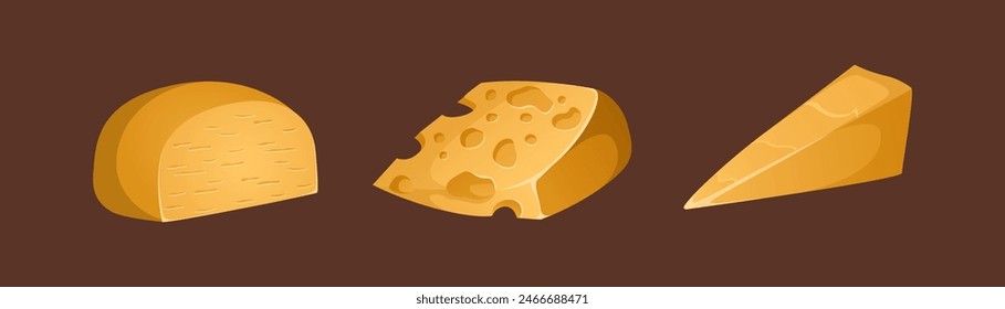Different types of cheeses vector set on a brown background. Colorful and bright set in realistic style. Four cheeses: cheddar, parmesan and maasdam. Slices and rat of cheese. Ideal for posters and