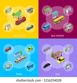 Different Types City Public Transport 3d Banner Set Isometric View Include of Bus, Taxi, Tram and Trolley. Vector illustration