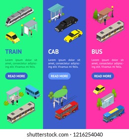 Different Types City Public Transport 3d Banner Vecrtical Set Isometric View Include of Bus, Taxi, Tram and Trolley. Vector illustration
