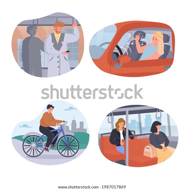 Different types of city transport concept scenes\
set. Men and women ride subway, bus, cycling bicycle or drive car.\
Collection of people activities. Vector illustration of characters\
in flat design