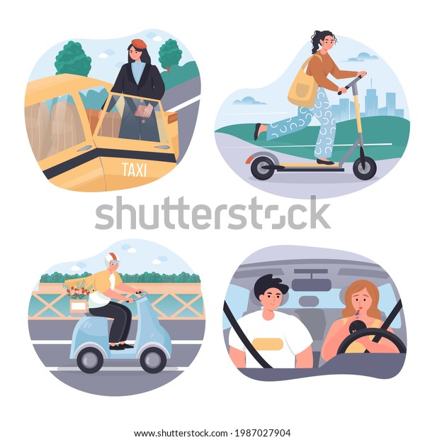 Different types of city transport concept scenes\
set. Men and women ride taxis, scooters, motorcycle or drive cars.\
Collection of people activities. Vector illustration of characters\
in flat design