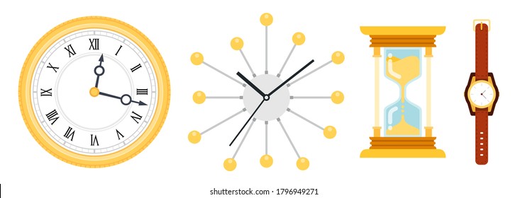 Different types clocks. Set vector icons of mechanical clocks in flat design isolated on white.