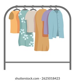 Different types of clothes hanging on hangers on a metal clothing rack
