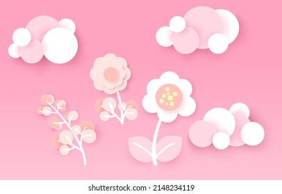 different types of clouds, flower, leaf, geometric shapes. paper cut and craft style. vector art and illustration. pink background.