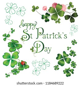 Different types of clover set and Typographic Saint Patrick's Day Card. Vector illustration isolated on white background.