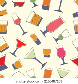 
Different types cocktail glasses seamless pattern. Various types of cocktail glasses. Types of glasses used for alcohol. Shot, martini, absinthe, margarita. Color flat vector illustration. Isolated.