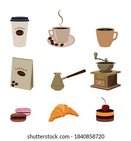 Different types of coffee, cezve, coffee mill and sweet desserts. Set of vector illustrations isolated on a white background.