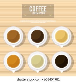 Different types of coffee, chocolate, cocoa on wood table. Perfect for menu. Top view