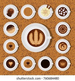 Different types of coffee chocolate cocoa cups top view perfect for menu assortment vector illustration.