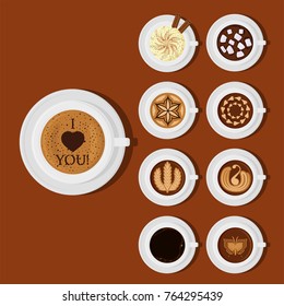 Different types of coffee chocolate cocoa cups top view perfect for menu assortment vector illustration.