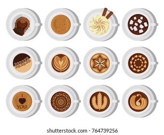 Different types of coffee chocolate cocoa cups top view perfect for menu assortment vector illustration.