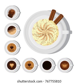 Different types of coffee chocolate cocoa cups top view perfect for menu assortment vector illustration.