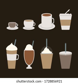 Different types of coffee cup. Coffee menu. Set of vector illustrations.