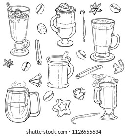 Different types of coffee in cups. Coffee background. Vector outline. EPS 10