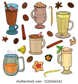 Different types of coffee in cups. Coffee background. Vector illustration