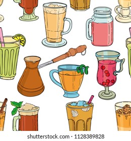 Different types of coffee in cups. Coffee background. Vector outline