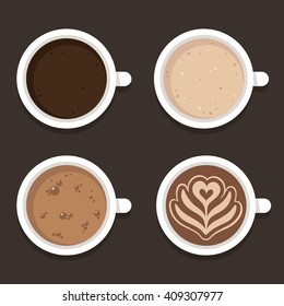 Different types of coffee: espresso, cappuccino and latte art. Top view coffee cups, vector illustration. Flat icon set.