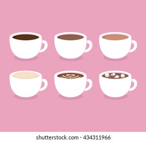 Different types of coffee: espresso, cappuccino, latte, hot chocolate with marshmallows. White coffee cups, vector illustration. Flat icon set.