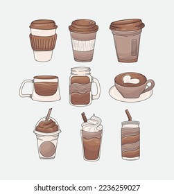 Different Types of Coffee to go, Iced Coffee, Hot Coffee Mugs Vector Graphics Collection