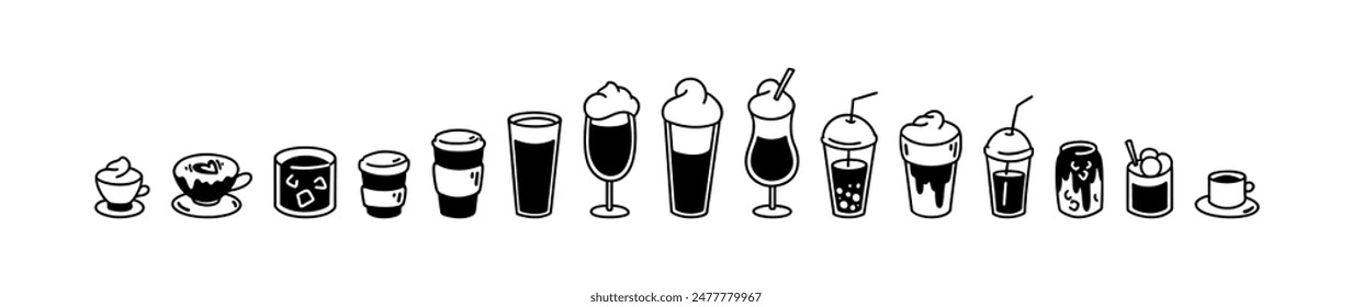 Different types of coffee. Hand drawn doodle icon set. Cappuccino, espresso, latte, americano, mocha, bubble tea, cocoa, flat white, raf. Hot and cold drinks in glass, mugs, disposable paper cups.