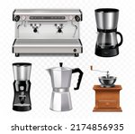 Different types of coffee machines. Coffee maker, professional machine, Manual Coffee Grinder, Turkish coffee pot. Realistic 3d vector illustration
