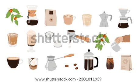 Different types of coffee manual brewing equipment. Set of isolated coffee elements. French press, moka, pour over, dripper. Collection for menu, coffee shop. Hand drawn trendy vector illustration.
