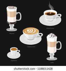 Different types of coffee. Coffee menu. Americano, mocha, cappuccino, espresso, latte. Set of colorful vector illustrations.