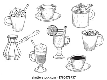 Different types of coffee. Coffee menu. Set of vector illustrations.