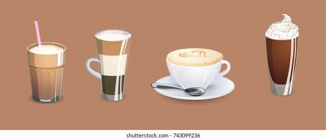 Different types of coffee. Coffee menu. Set of vector illustrations