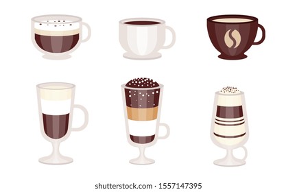 Diferentes tipos de café em canecas e copos. Ilustração vetorial.