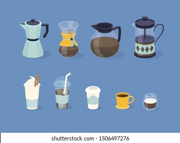 Different types of coffee in paper and glass cup. Vector illustration.