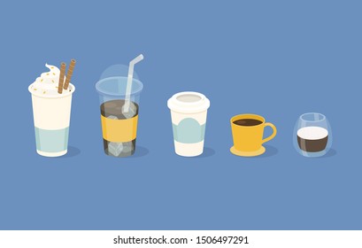 Different types of coffee in  paper and glass cup. Vector illustration.