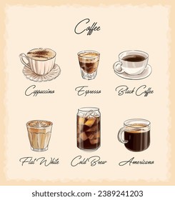 Different types of coffee set. Hand drawn coffee drinks. Vector illustrations isolated on light background. Cappuccino, espresso, black coffee, flat white, cold brew, americano