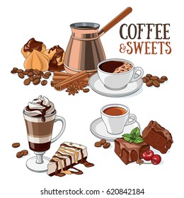 Different types of coffee and sweet desserts. Set of vector illustrations.