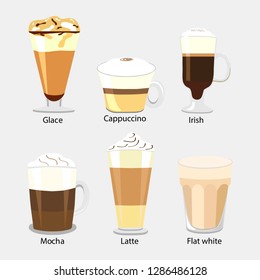 Different types of coffee with titles. Coffee menu. Latte, cappuccino, mocha, irish, flat white, glace. Set of vector illustrations