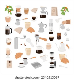 Different types of coffee trendy graphics. Manual alternative coffee brewing methods and tools hand drawn elements. Vector minimalist flat style set of isolated illustration for cafe menu.