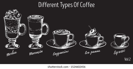 Different types of coffee, vector hand drawn illustration. Mocha, moccasin, cappuccino, con panna and espresso coffee drinks and hand lettering for menu, banner, poster.