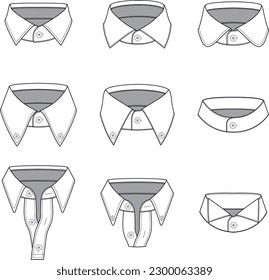 Different types of collars for men's shirts. A set of neckbands and collars.  A bunch of hand-drawn shirt's collar. Hand-drawn collar and shirt neck line vector drawings for clothes and fashion items.