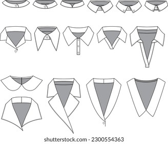 Different types of collars. A set of neckbands and collars.  A bunch of hand-drawn shirt's collar. Hand-drawn collar and neck line vector drawings for clothes and fashion items.