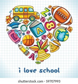 Different types of colorful school icons, combined in a shape of a heart.