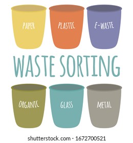Different types of colourful waste bins for paper, plastic, e-waste, organic, glass and metal. Waste types segregation recycling icons. Concept of recycling. Flat. Vector stock illustration.