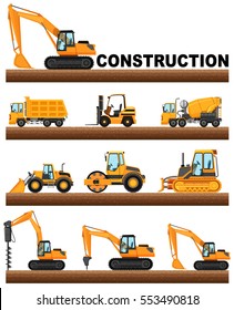 Different types of construction trucks on the ground illustration