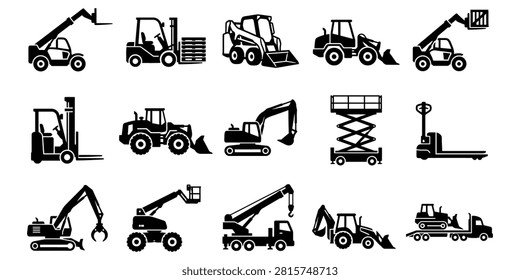 Different types of construction vehicles and machinery in one image.