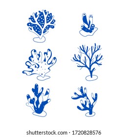 Different types of coral.  Design elements collection. Flat contour vector illustration.