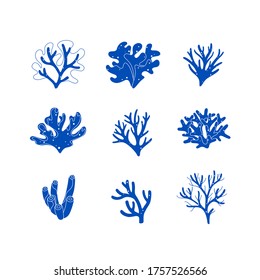 Different types of coral. Design elements collection. Simple monochrome vector illustration.