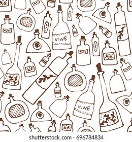 Different types of corked bottles in seamless pattern. Doodle style.
